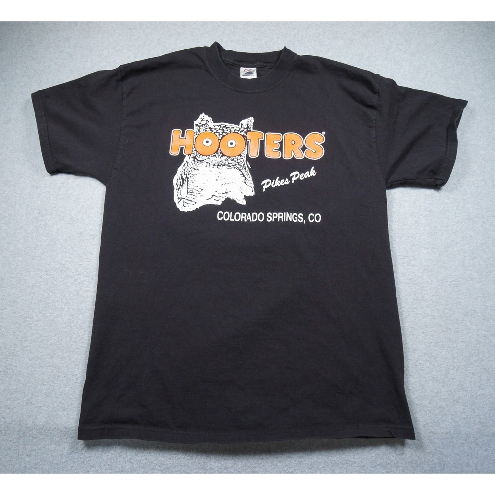 Vintage Hooters Shirt Mens Large Black Pikes Peak Colorado Springs Owl Logo